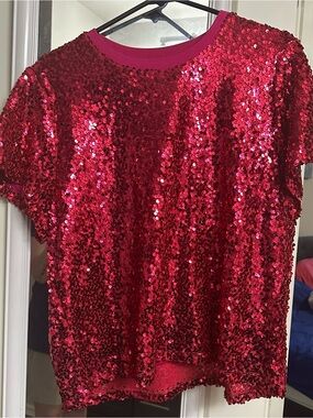 DKNY Red Sequin Short Sleeve Top